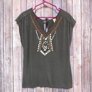 Anthropologie V Neck Beaded Tee spring boho Sz L🌞